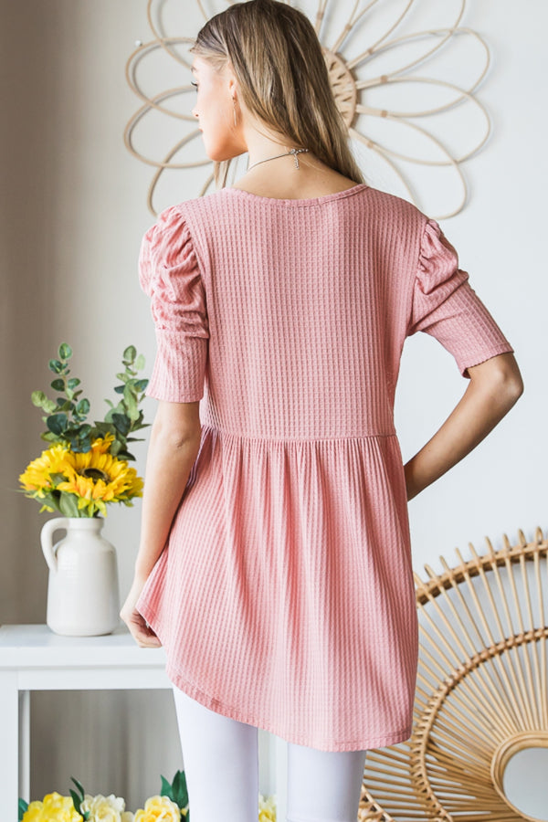 Heimish Full Size Waffle Knit V-Neck Babydoll Top-Teresa's Fashionista LLC
