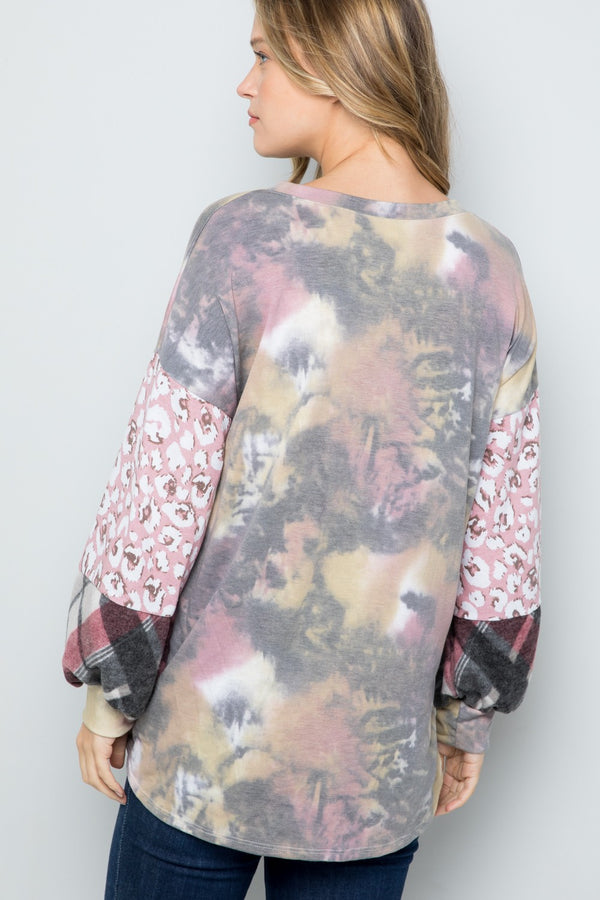 Celeste Tie-Dye V-Neck Printed Sleeve Blouse - Teresa's Fashionista LLC