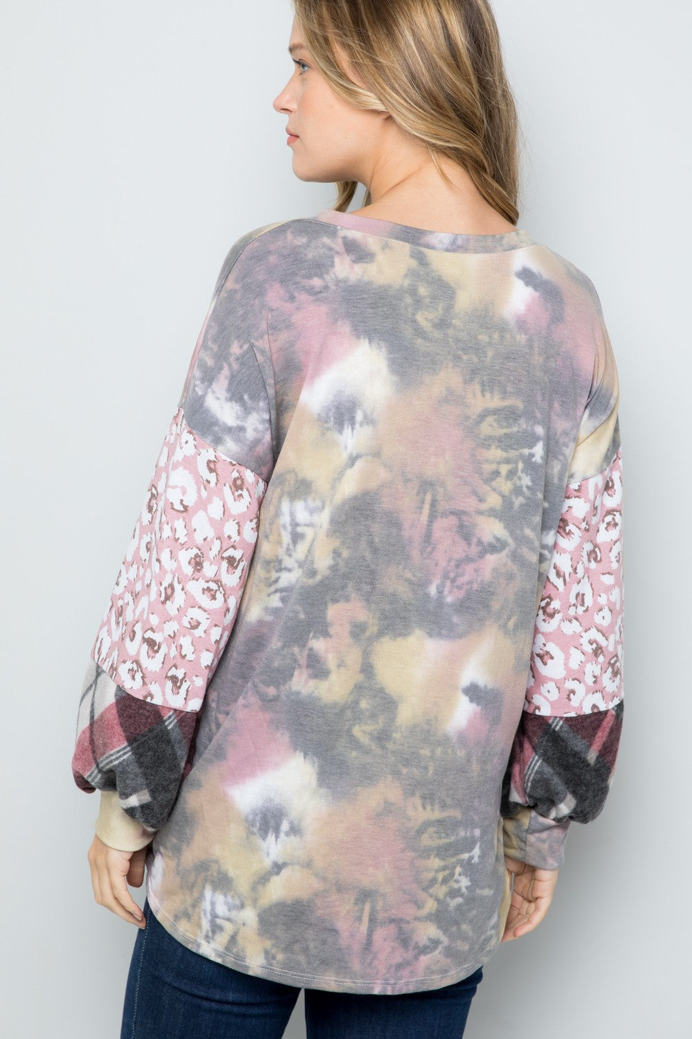 Celeste Tie-Dye V-Neck Printed Sleeve Blouse - Teresa's Fashionista LLC