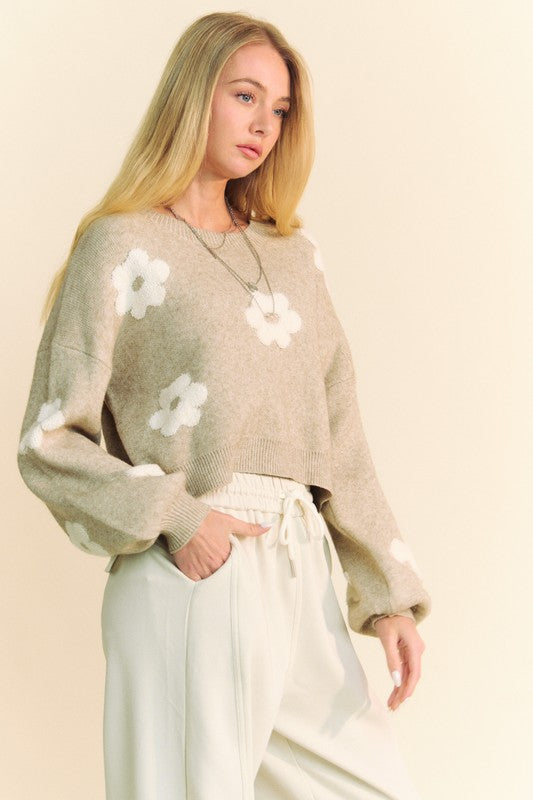 Davi & Dani Floral Drop Shoulder Cropped Sweater - Teresa's Fashionista LLC