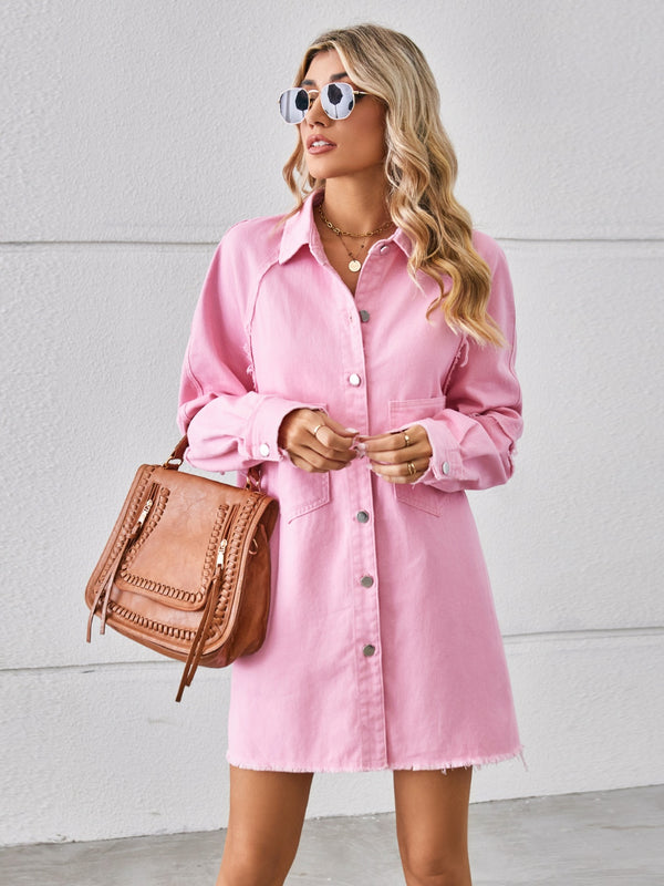 Raw Hem Button Up Denim Dress-Teresa's Fashionista LLC