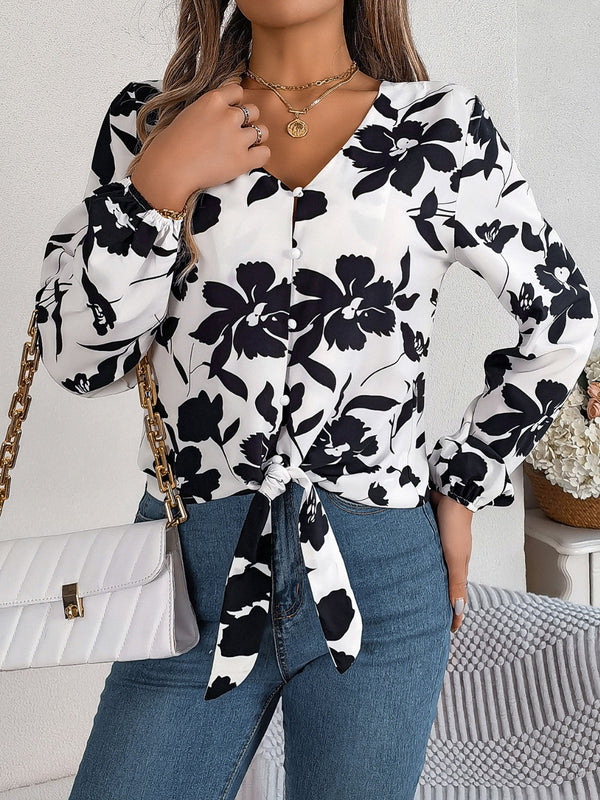 Printed V-Neck Long Sleeve Blouse-Teresa's Fashionista LLC