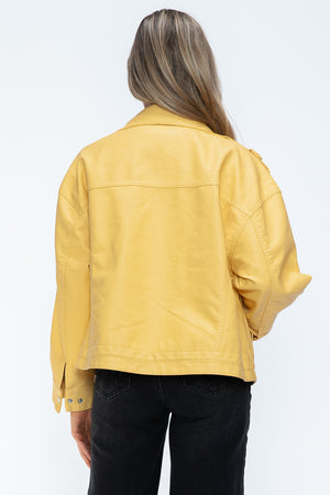 How Dare U Drawstring Hem PU Leather Zip Up Jacket - Teresa's Fashionista LLC