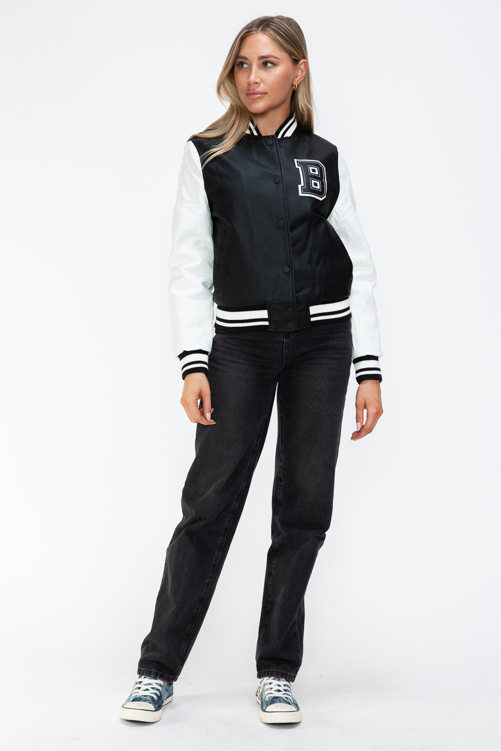 Love Me Now PU Leather Contrast Snap Down Bomber Jacket - Teresa's Fashionista LLC