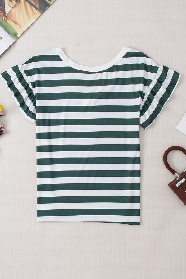 Striped V-Neck Flounce Sleeve Top-Teresa's Fashionista LLC