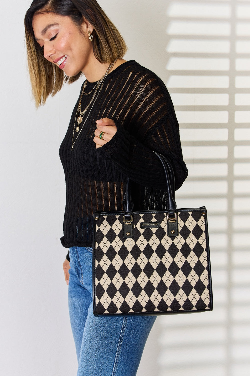 David Jones Argyle Pattern PU Leather Handbag-Teresa&#39;s Fashionista LLC