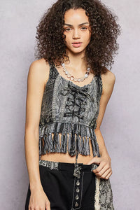 POL Lace-Up Fringe Hem Tank with Lace Detail