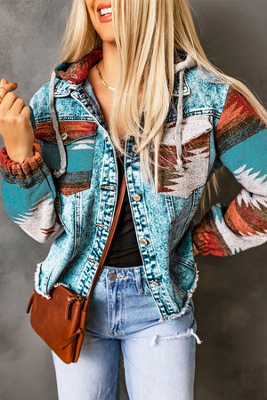 Drawstring hooded pocketed denim jacket with colorful pattern and no stretch.