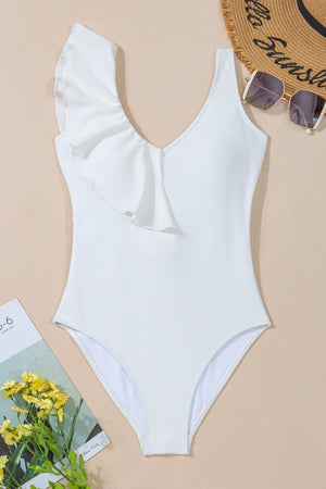 Ruffled V-Neck Wide Strap One-Piece Swimwear-Teresa's Fashionista LLC