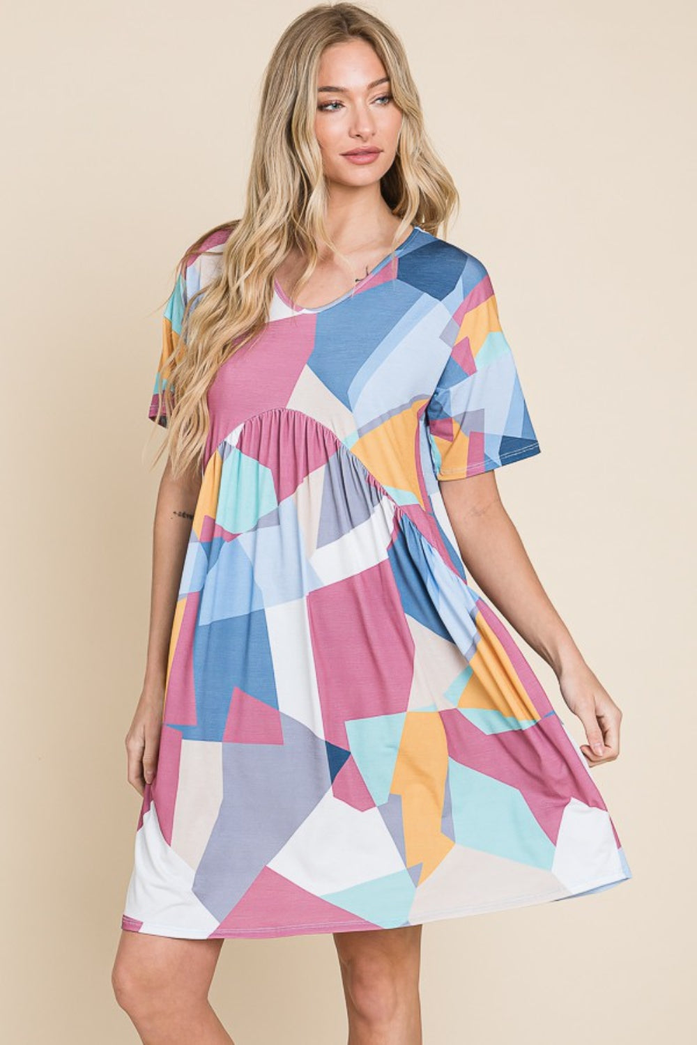 BOMBOM Ruched Color Block Short Sleeve Dress-Teresa's Fashionista LLC