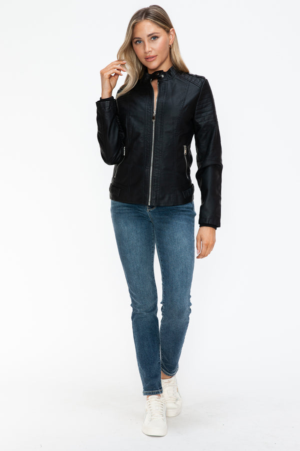 Snobbish PU Leather Biker Jacket with Side Zip Pockets - Teresa's Fashionista LLC