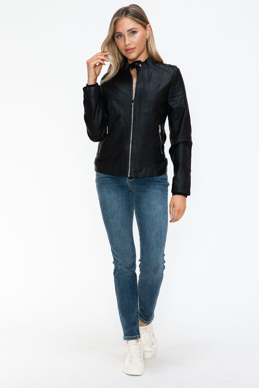 Snobbish PU Leather Biker Jacket with Side Zip Pockets - Teresa's Fashionista LLC