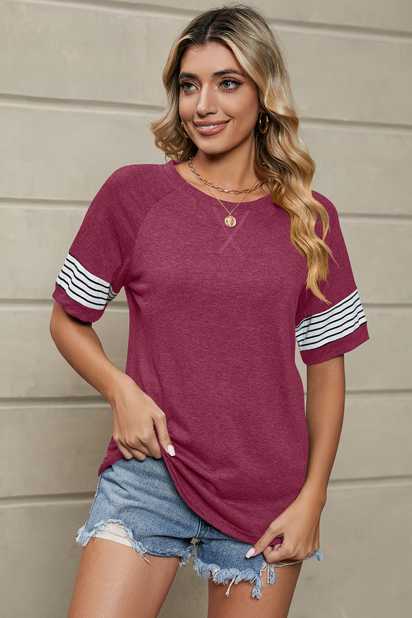 Striped Round Neck Short Sleeve T-Shirt-Teresa's Fashionista LLC