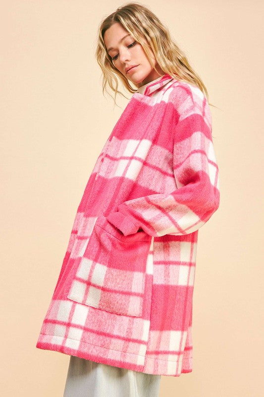 Davi & Dani Plaid Open Front Drop Shoulder Longline Coat - Teresa's Fashionista LLC