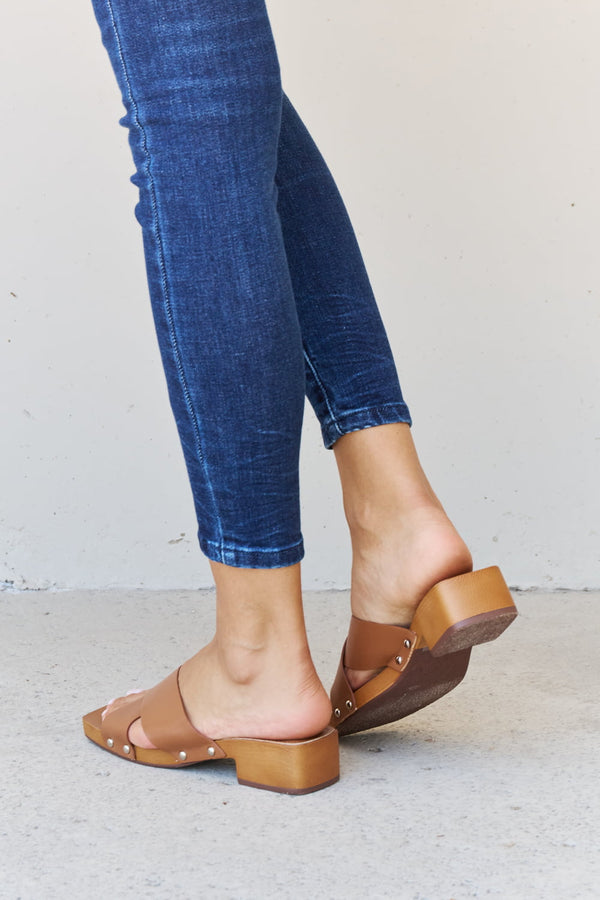 Weeboo Step Into Summer Criss Cross Wooden Clog Mule in Brown-Teresa's Fashionista LLC