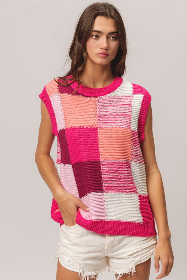 BiBi Color Block Round Neck Sweater Vest-Teresa's Fashionista LLC