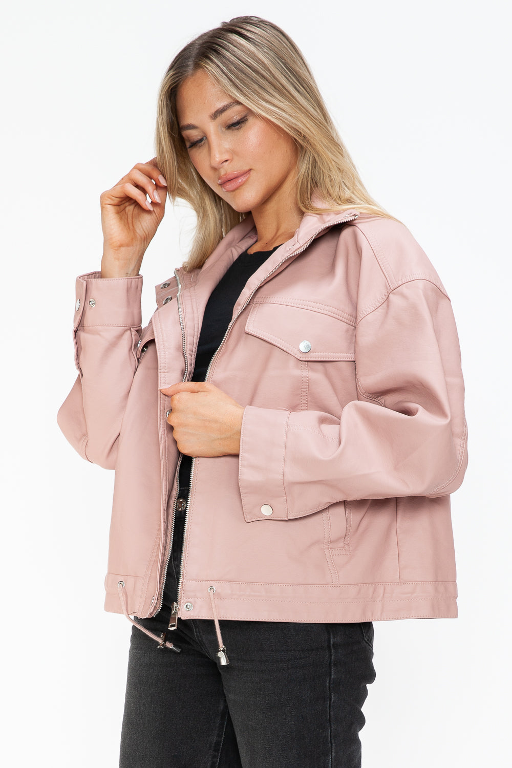 How Dare U Drawstring Hem PU Leather Zip Up Jacket - Teresa's Fashionista LLC