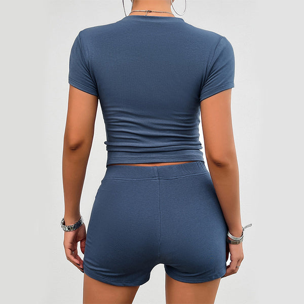 Solid Color Slim Sports Suit Summer 2Pcs Short-sleeved Round Neck T-shirt And Elastic Shorts Fashion Womens Clothing - Teresa's Fashionista LLC