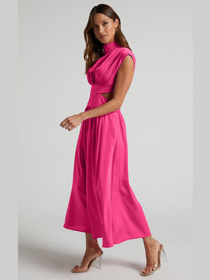 Cutout Mock Neck Sleeveless Ruched Dress-Teresa's Fashionista LLC