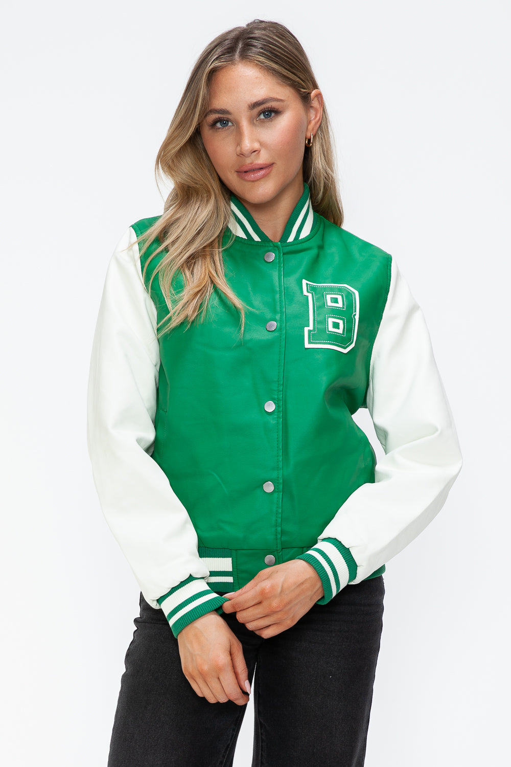 Love Me Now PU Leather Contrast Snap Down Bomber Jacket - Teresa's Fashionista LLC