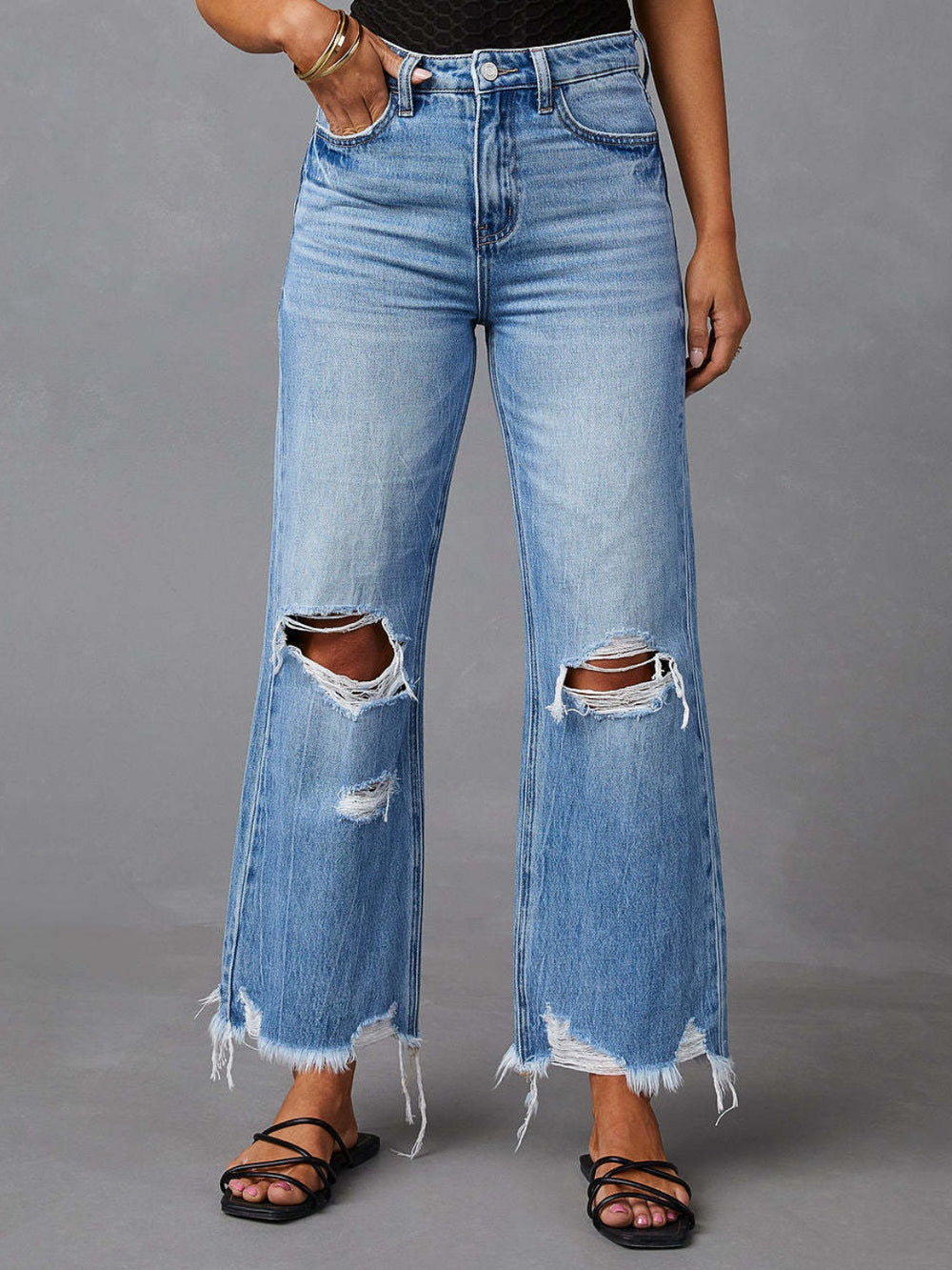 Distressed Raw Hem Jeans with Pockets - Teresa's Fashionista LLC