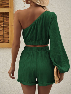 One Shoulder Long Sleeve Top and Shorts Set-Teresa's Fashionista LLC