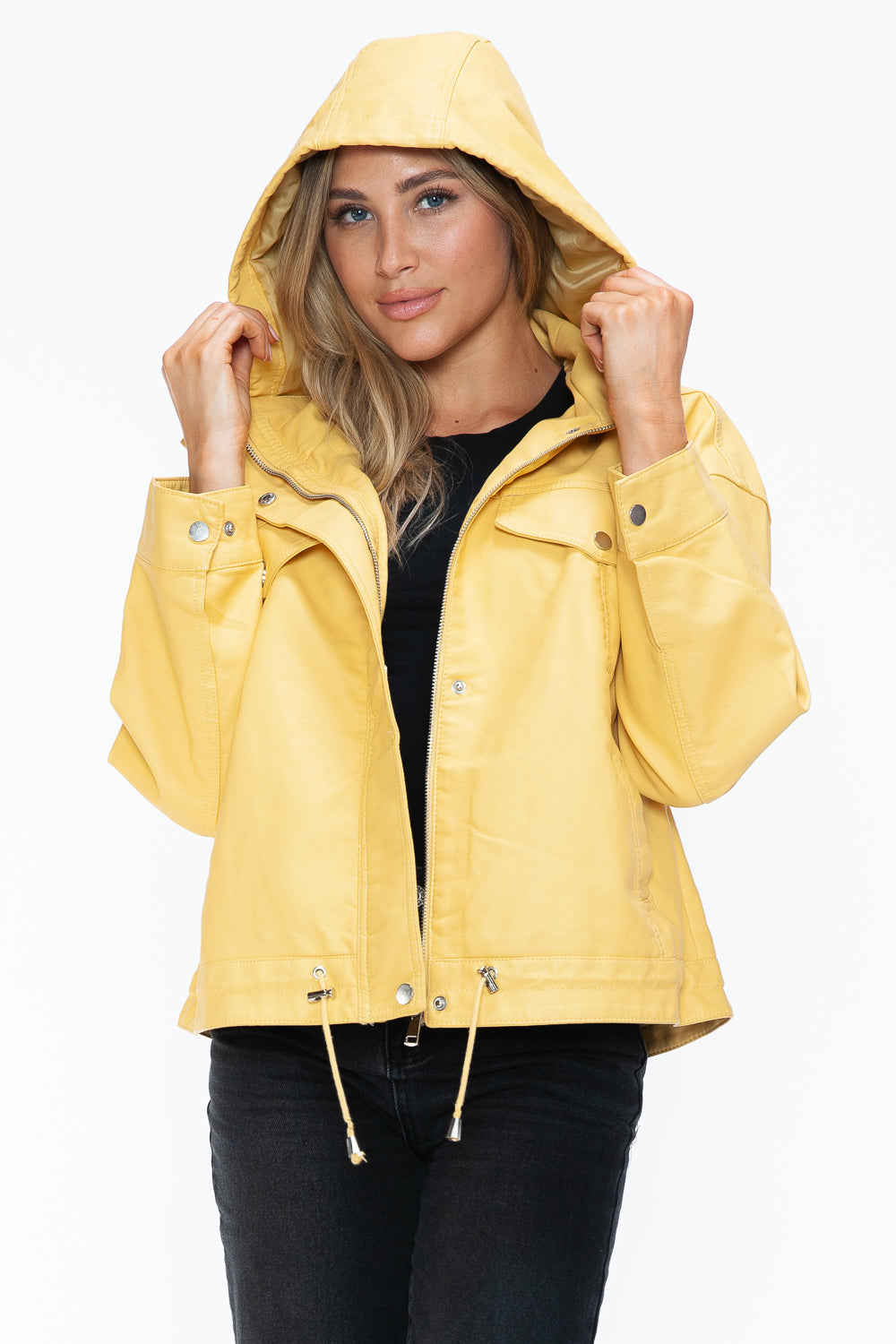 How Dare U Drawstring Hem PU Leather Zip Up Jacket - Teresa's Fashionista LLC