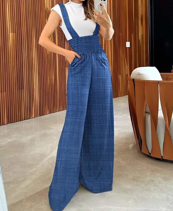 Women's Solid Color Versatile Fashion Casual Wide Leg Shoulder Strap Jumpsuit - Teresa's Fashionista LLC