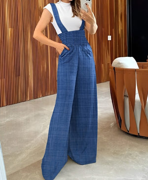 Women's Solid Color Versatile Fashion Casual Wide Leg Shoulder Strap Jumpsuit - Teresa's Fashionista LLC
