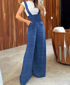 Women's Solid Color Versatile Fashion Casual Wide Leg Shoulder Strap Jumpsuit - Teresa's Fashionista LLC