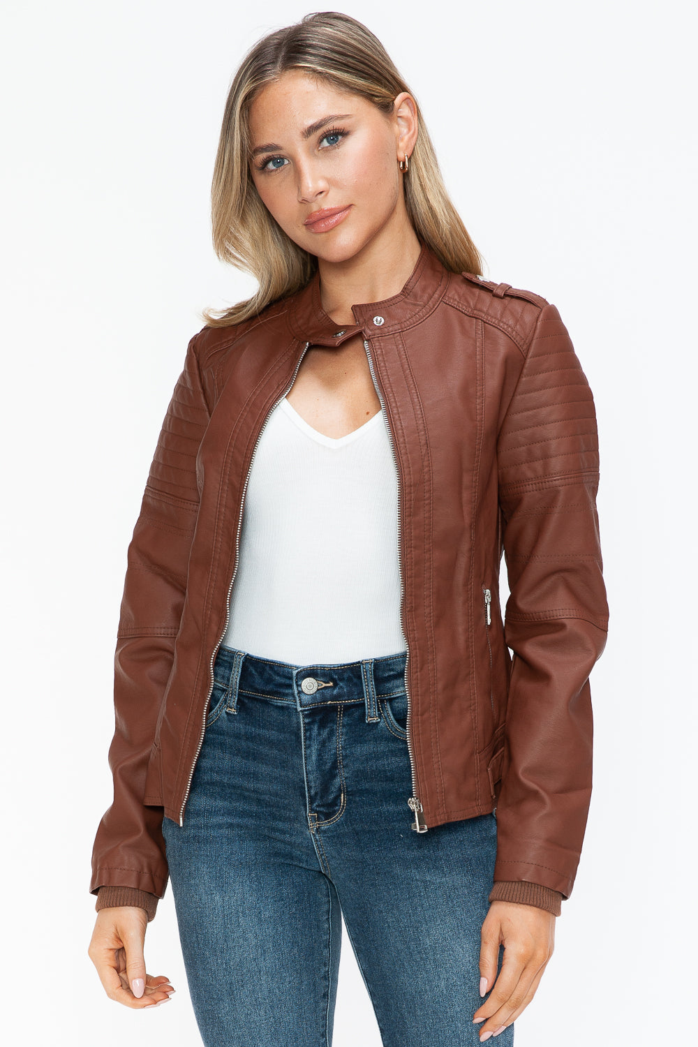 Snobbish PU Leather Biker Jacket with Side Zip Pockets - Teresa's Fashionista LLC