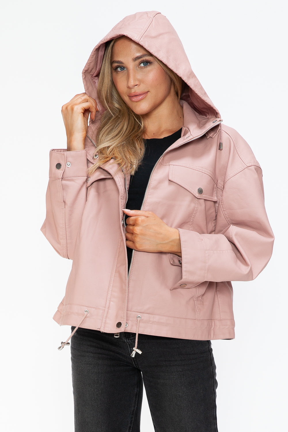 How Dare U Drawstring Hem PU Leather Zip Up Jacket - Teresa's Fashionista LLC