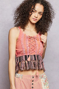 POL Lace-Up Fringe Hem Tank with Lace Detail