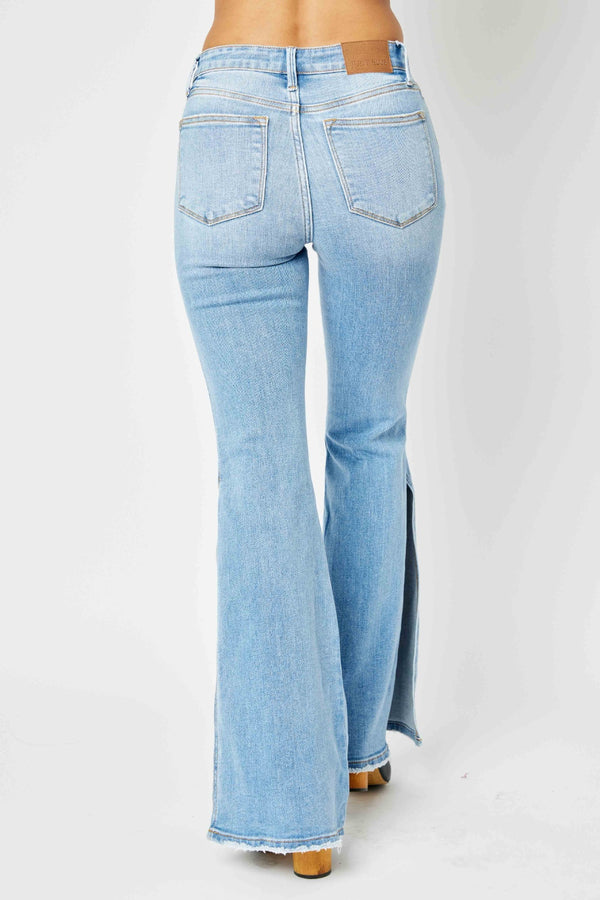 Judy Blue Full Size Mid Rise Raw Hem Slit Flare Jeans-Teresa's Fashionista LLC