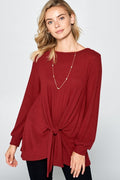 Super Lady Full Size Round Neck Knot Front Hacci Blouse - Teresa's Fashionista LLC