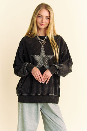 Davi & Dani Stud Star Patch Acid Washed Sweatshirt - Teresa's Fashionista LLC