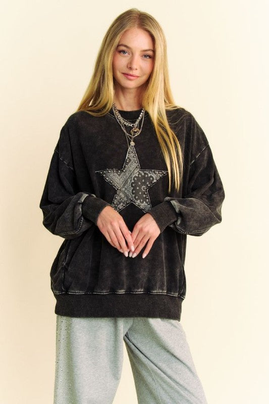 Davi & Dani Stud Star Patch Acid Washed Sweatshirt - Teresa's Fashionista LLC