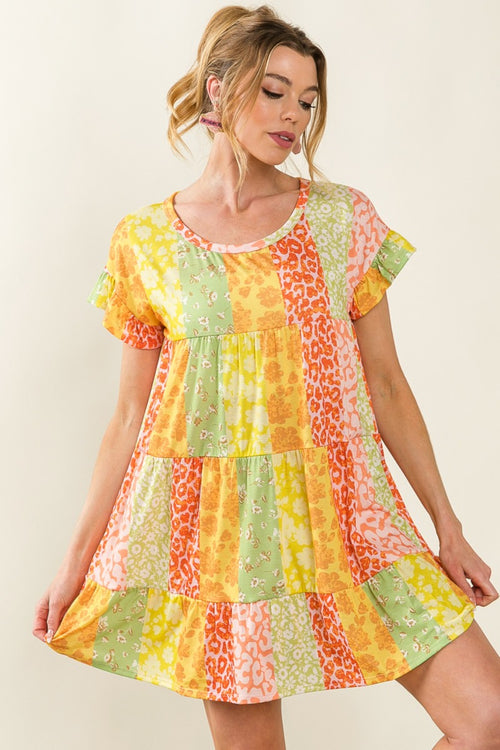 BiBi Leopard Short Sleeve Tiered Dress-Teresa's Fashionista LLC