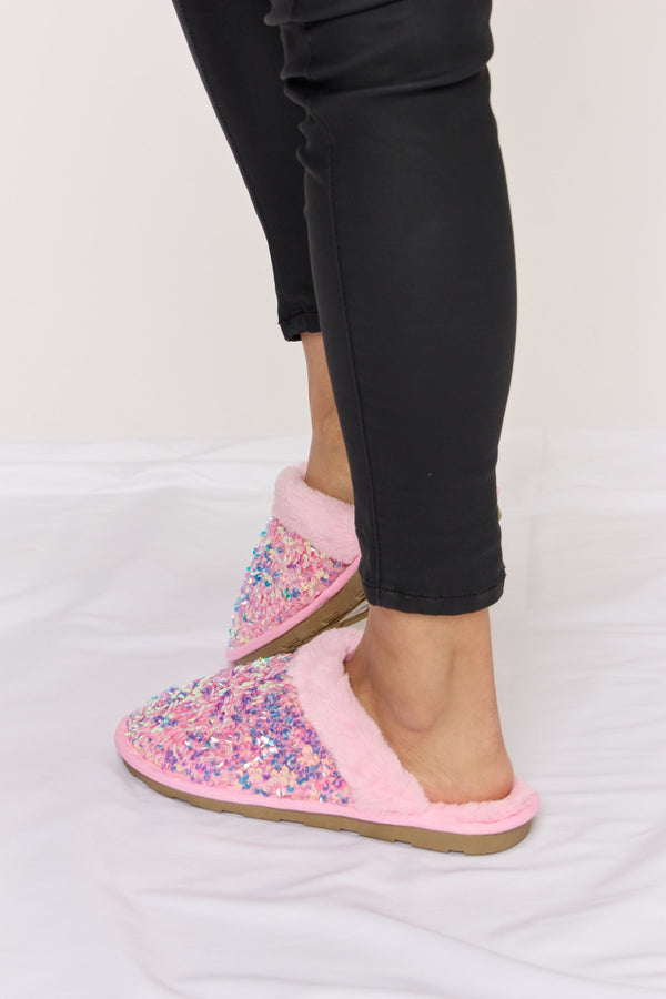 Forever Link Sequin Plush Round Toe Slippers-Teresa's Fashionista LLC
