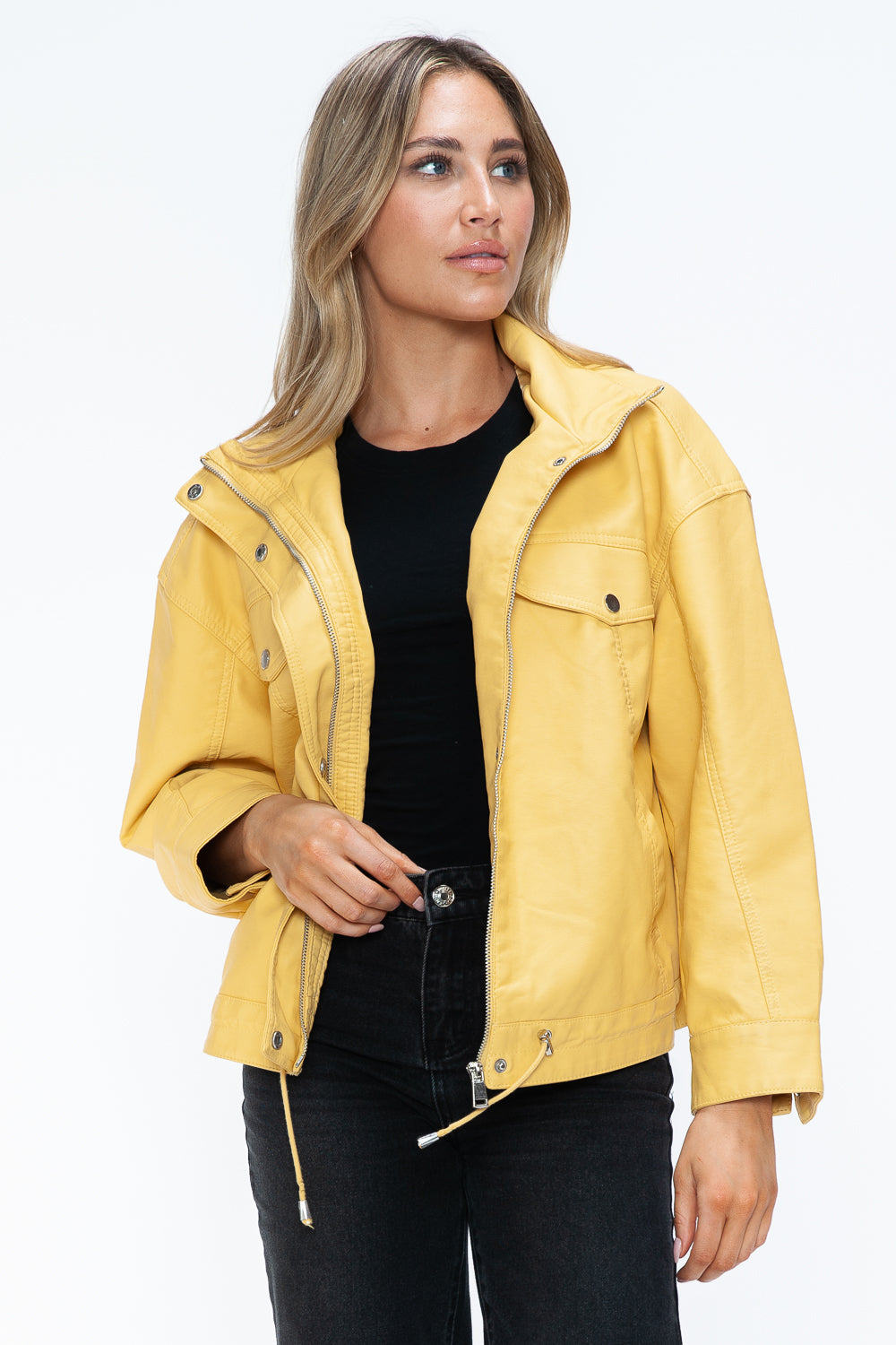 How Dare U Drawstring Hem PU Leather Zip Up Jacket - Teresa's Fashionista LLC