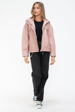 How Dare U Drawstring Hem PU Leather Zip Up Jacket - Teresa's Fashionista LLC