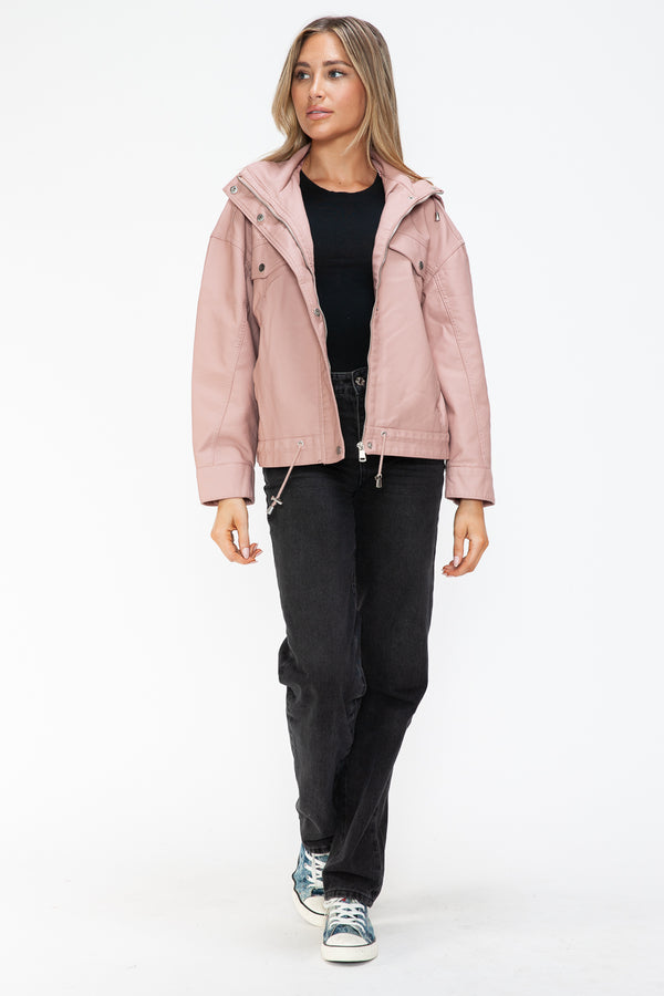 How Dare U Drawstring Hem PU Leather Zip Up Jacket - Teresa's Fashionista LLC