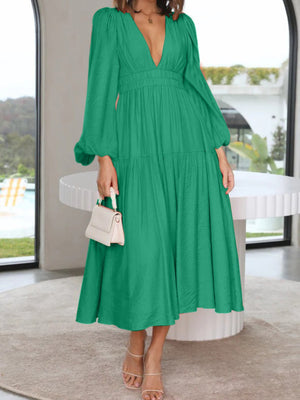 Deep V-Neck Balloon Sleeve Plain Maxi Dress-Teresa's Fashionista LLC