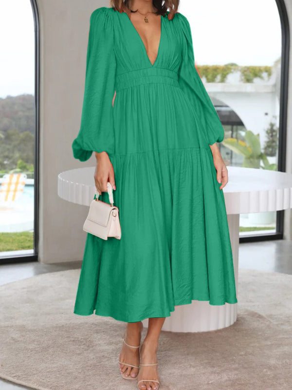 Deep V-Neck Balloon Sleeve Plain Maxi Dress-Teresa's Fashionista LLC