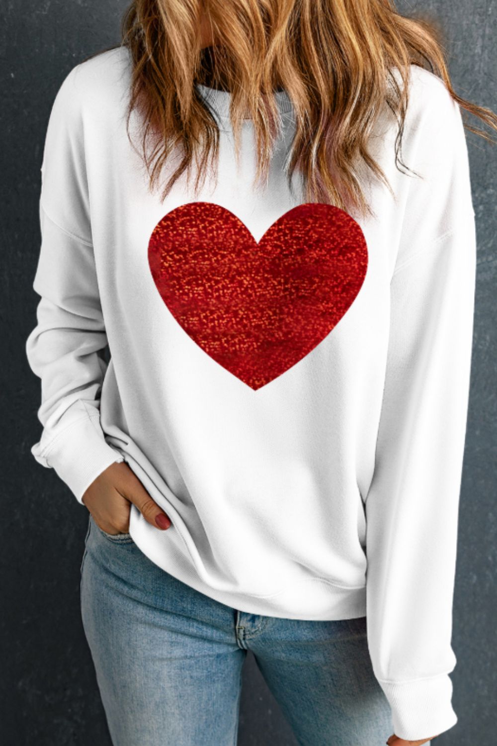 Valentine’s Day Heart Round Neck Long Sleeve Sweatshirt - Teresa's Fashionista LLC