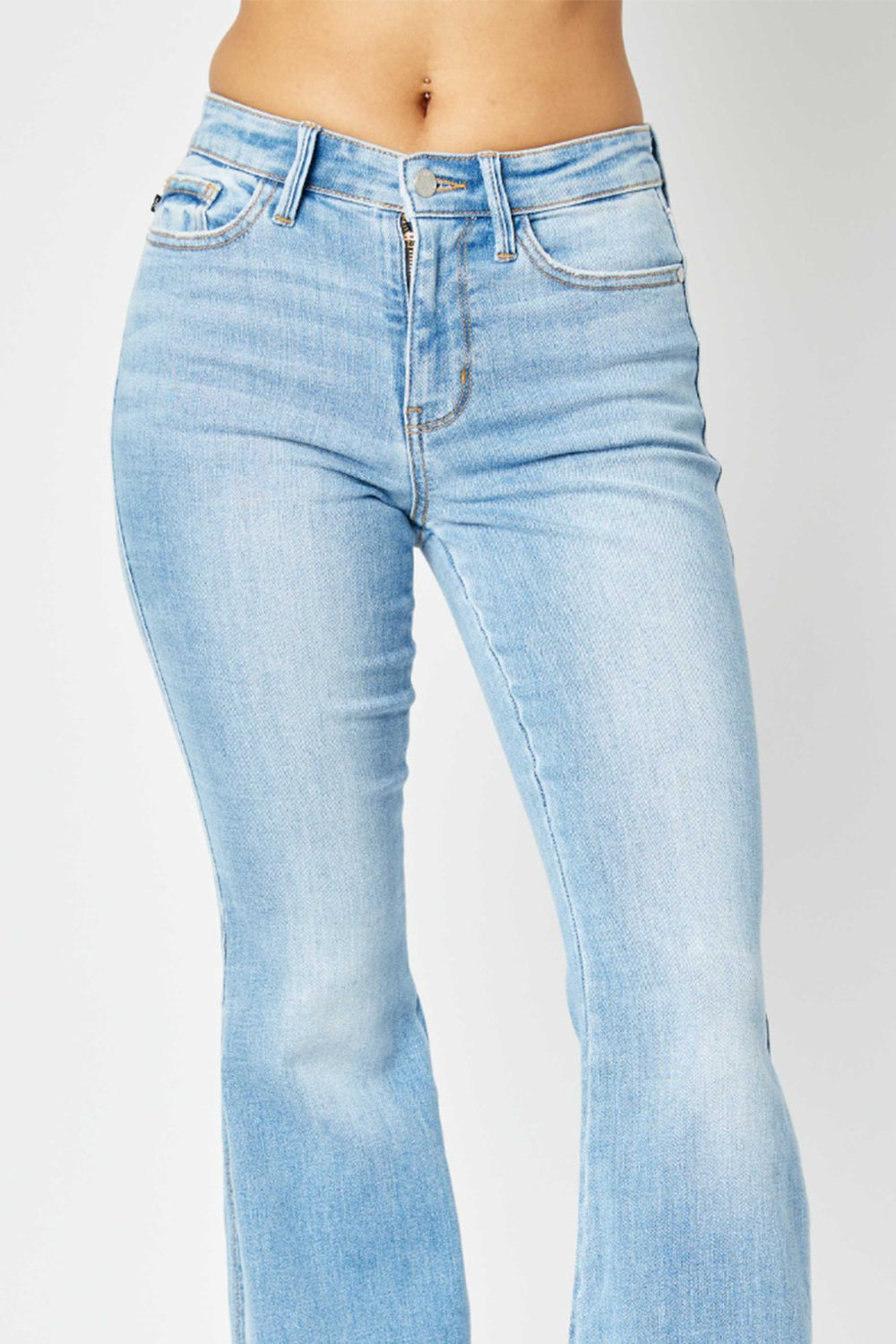 Judy Blue Full Size Mid Rise Raw Hem Slit Flare Jeans-Teresa's Fashionista LLC