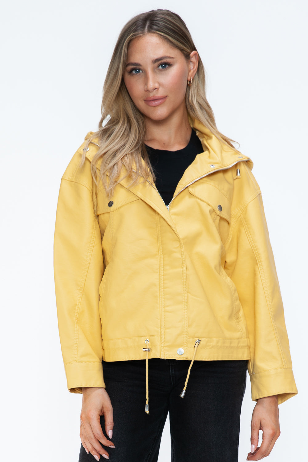 How Dare U Drawstring Hem PU Leather Zip Up Jacket - Teresa's Fashionista LLC