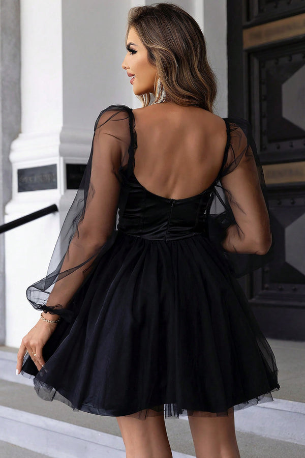 Sweetheart Neck Balloon Sleeve Mini Dress-Teresa's Fashionista LLC