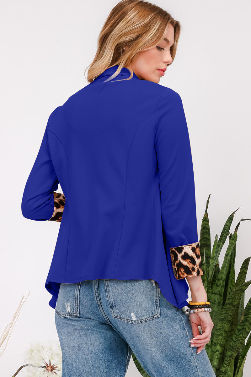Celeste Full Size Rolled Leopard Cuff Open Front Blazer - Teresa's Fashionista LLC