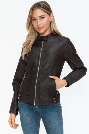 Snobbish Faux Leather Biker Jacket with Side Zip Pockets - Teresa's Fashionista LLC